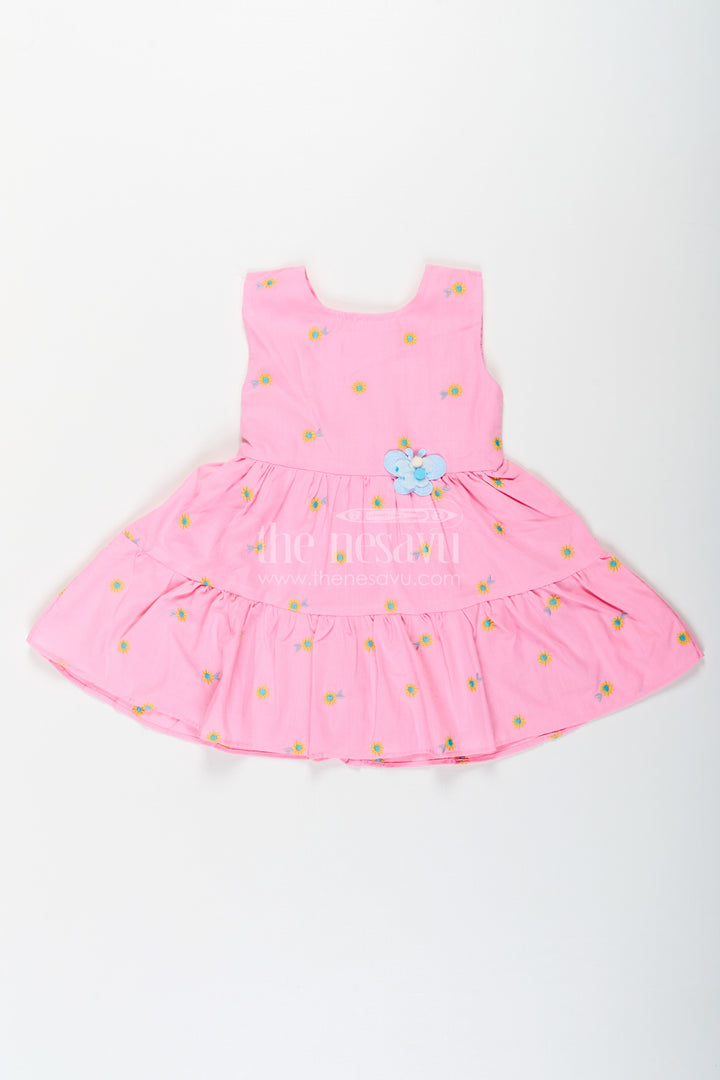 The Nesavu Baby Cotton Frocks Girls Cotton Embroidered Cinderellas Pink Dress with Ruffled Hem and Daisy Motifs Nesavu 14 (6M) / Pink BFJ751A-14 Girls Cinderellas Pink Dress Daisy Embroidery Ruffled Hem Cotton Fabric | The Nesavu