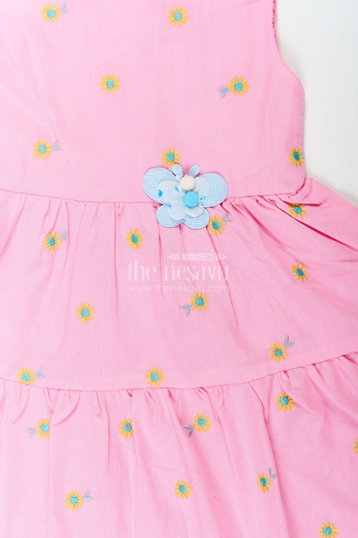 The Nesavu Baby Cotton Frocks Girls Cotton Embroidered Cinderellas Pink Dress with Ruffled Hem and Daisy Motifs Nesavu Girls Cinderellas Pink Dress Daisy Embroidery Ruffled Hem Cotton Fabric | The Nesavu