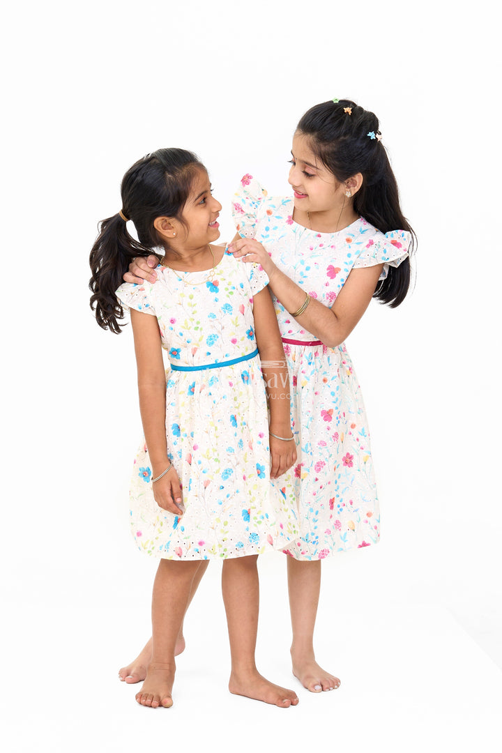 The Nesavu Girls Cotton Frock Girls Cotton Fancy Frock with Embroidered Floral Patterns and Flutter Sleeves Nesavu Nesavu Girls Cotton Fancy Frock Floral Embroidery Flutter Sleeves Parties
