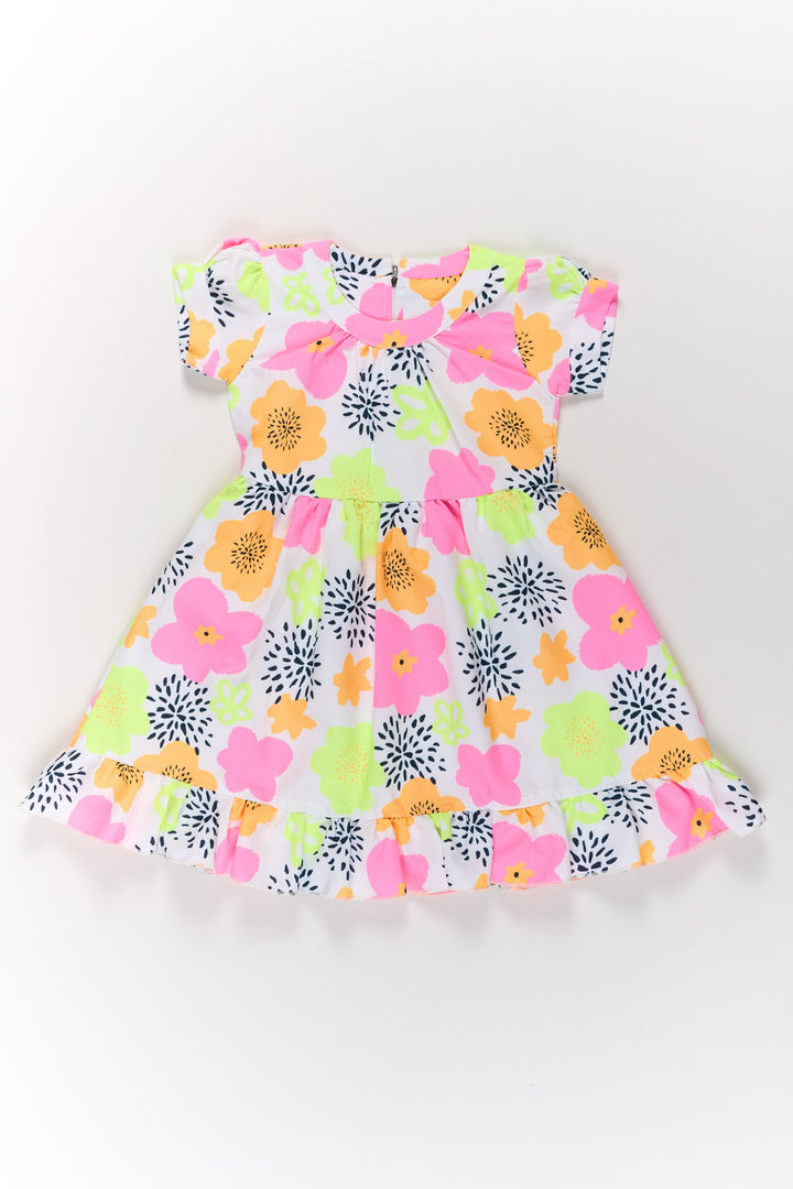 The Nesavu Girls Cotton Frock Girls Cotton Party Wear Dress with Vibrant Floral Prints and Ruffles Nesavu 20 (3Y) / Multicolor GFC1516A-20 Vibrant Girls Cotton Party Wear Dress Ruffles Floral Prints