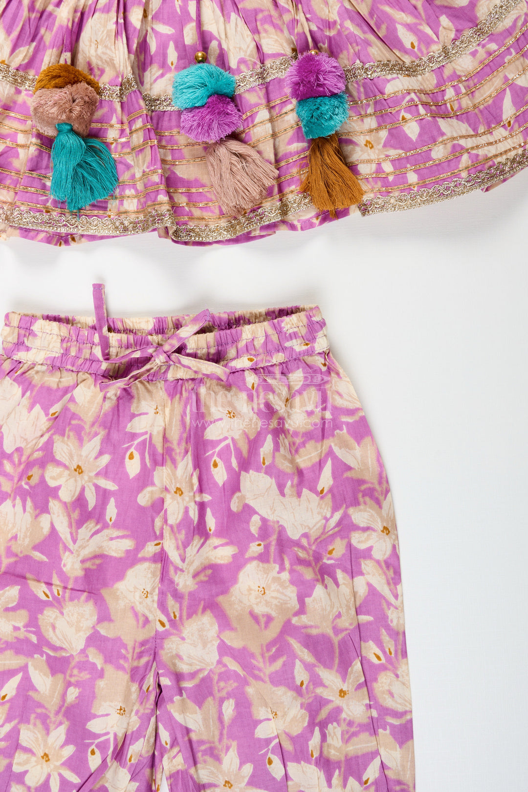 The Nesavu Girls cotton sharara set with floral block print for festive wear Nesavu Nesavu girls cotton sharara set floral block print tassels  festive outfit pujas celebrations