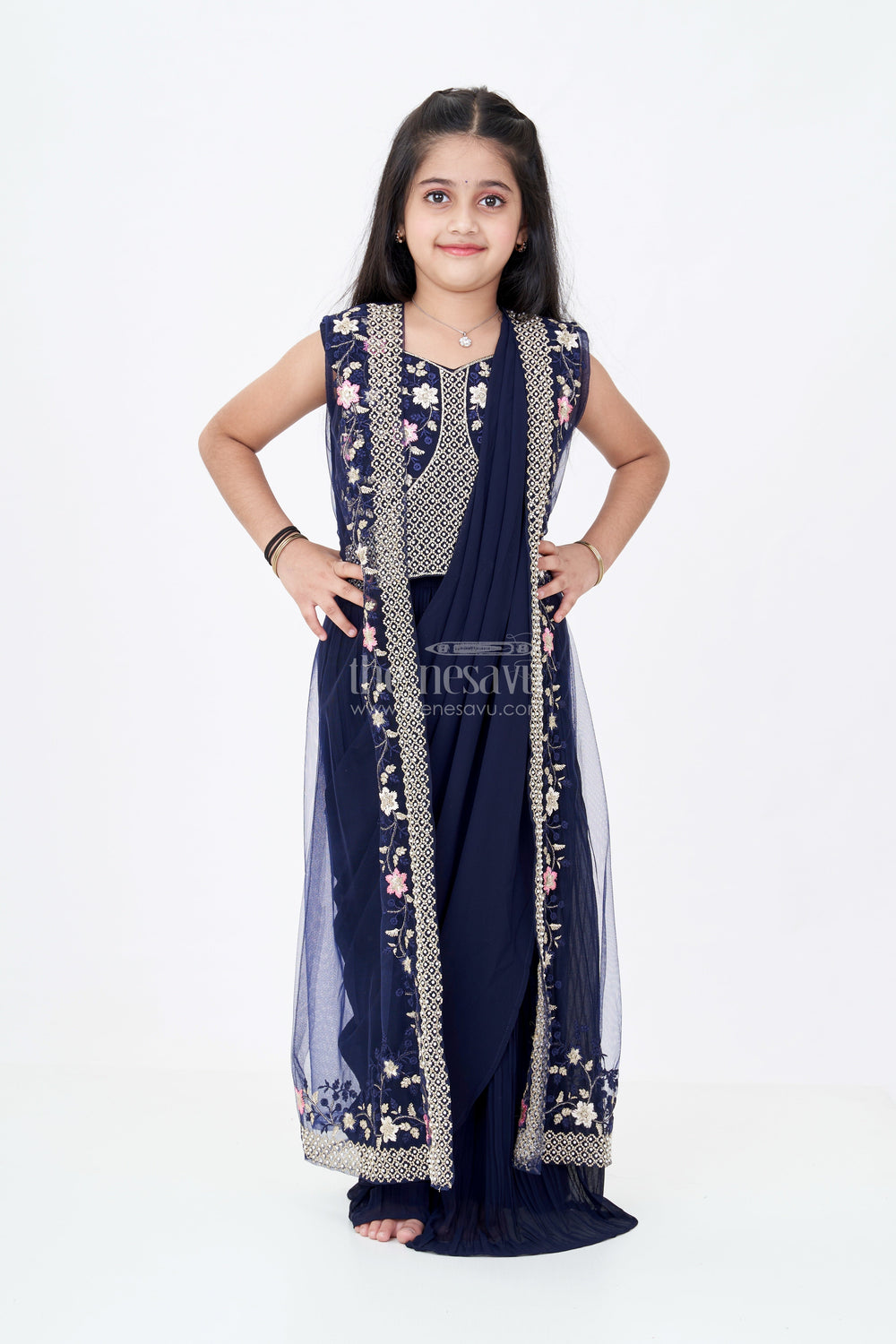 The Nesavu Girls Sharara / Plazo Set Girls Cotton Suit Piece with Cotton Dupatta in Navy Georgette and Embroidered Velvet Bodice Nesavu Nesavu Cotton Suit Piece Cotton Dupatta Embroidered Bodice Navy Blue Georgette Palazzo Set