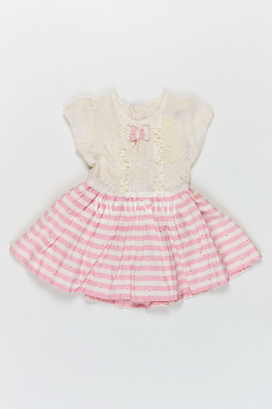 The Nesavu Girls Cotton Frock Girls Cream and Pink Striped Cotton Frock with Ruffle Front and Bow for Sweet frock cotton design Style Nesavu 12 (3M) / Cream GFC1492B-12 Nesavu Girls Cotton Frock Ruffled Bodice Pink Striped Skirt frock cotton design