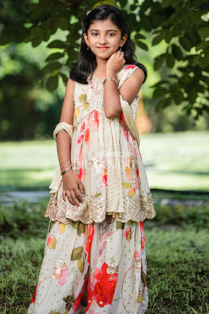 The Nesavu Girls Sharara / Plazo Set Girls Cream Sharara Set with Floral Kurta and Gold Bead Embellishments Nesavu 24 (5Y) / multicolor GPS428A-24 Nesavu Cream Floral Sharara Set Girls Gold Beadwork Pleated Pants