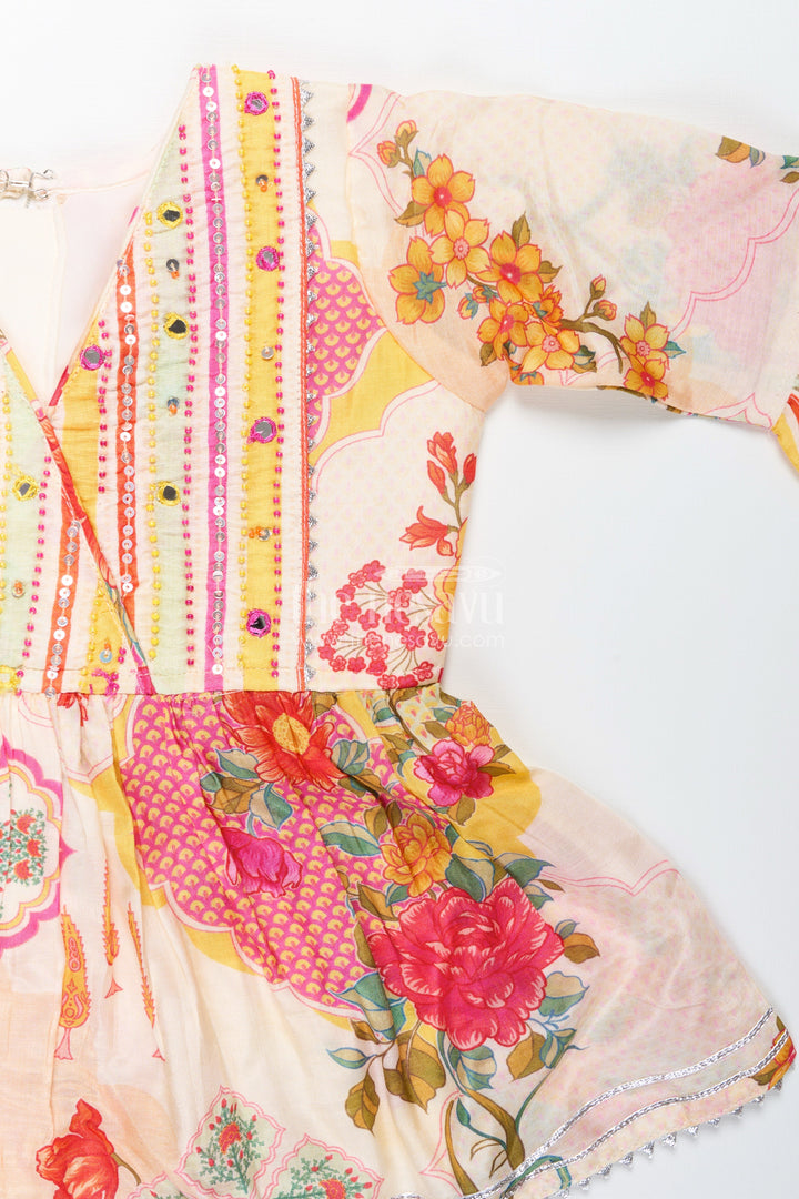 The Nesavu Girls Sharara / Plazo Set Girls cream sharara set with floral top for ethnic parties and photoshoots Nesavu Nesavu girls cream sharara set floral digital print striped pants  festive party outfit