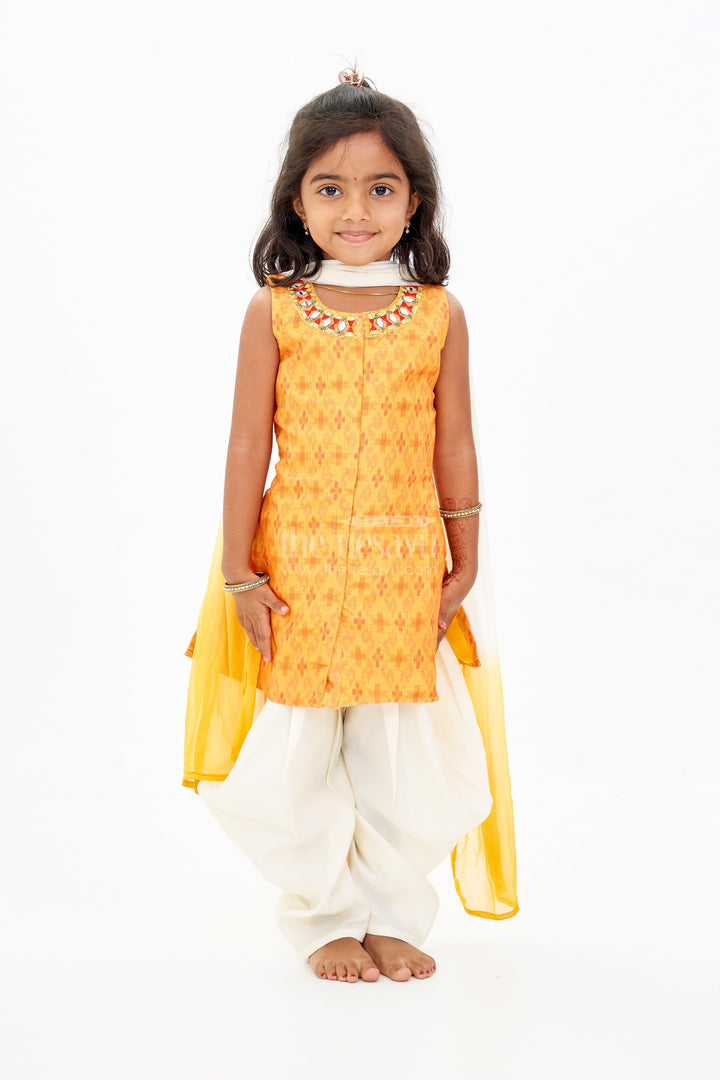 The Nesavu Girls Dothi Sets Girls Dothi and Top Set with Mirror Work Neckline and Ombre Dupatta in Yellow and Cream Nesavu Girls Dothi Top Set Mirror Work Neckline Ombre Dupatta | The Nesavu