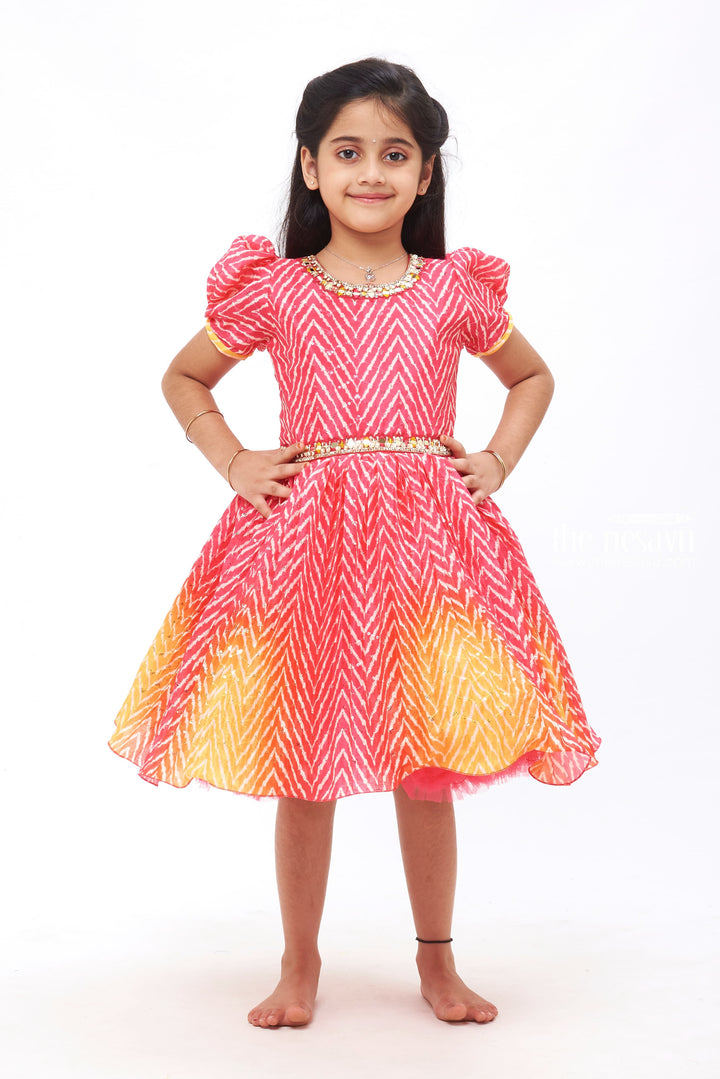 The Nesavu Silk Party Frock Girls Elegant Gradient Red Ethnic Silk Frock with Mirror Embellishment Nesavu 18 (2Y) / Green / Chinnon SF715B-18 Red to Yellow Trendy Fashion | Special Event Wear for Young Ones | The Nesavu