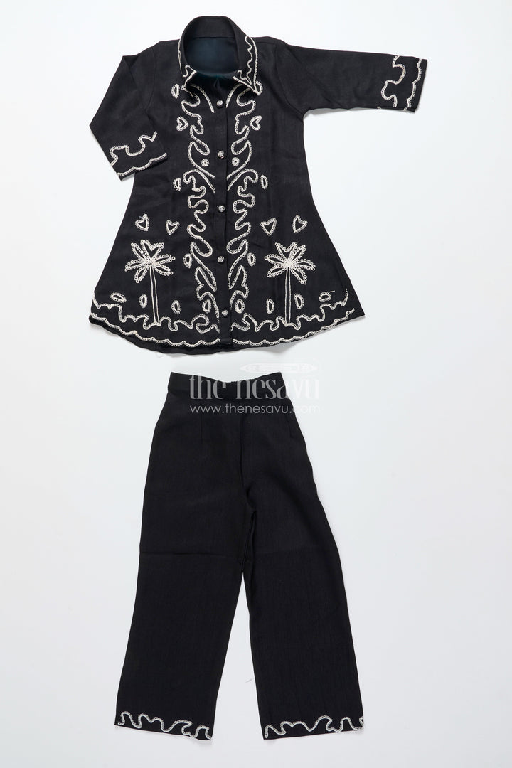 The Nesavu Girls Co-Ord Sets Girls Embroidered Black Georgette Plazo Set for Evening Functions Nesavu 24 (5Y) / Black GPS863A-24 Nesavu girls black georgette plazo set thread embroidery festive cultural functions