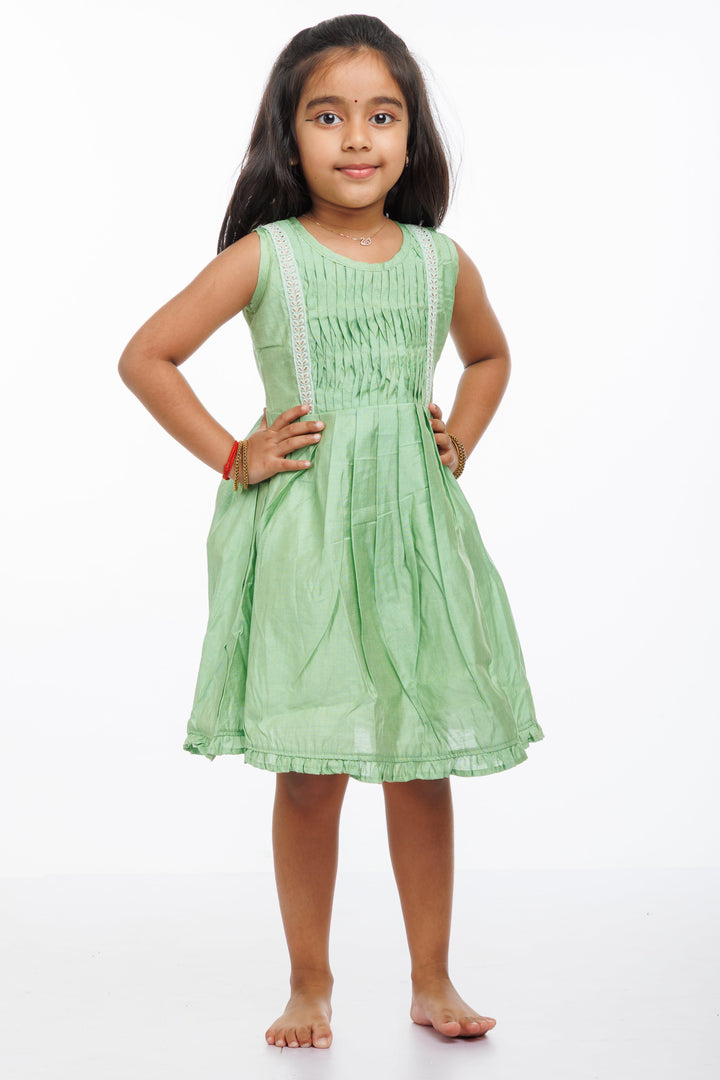 The Nesavu Girls Cotton Frock Girls Enchanted Garden Cotton Frock - Lush Green with Delicate Lace Nesavu 16 (1Y) / Green / Cotton GFC1267A-16 Lace Trimmed Green Cotton Dress for Girls | Summer Wardrobe Essential | The Nesavu