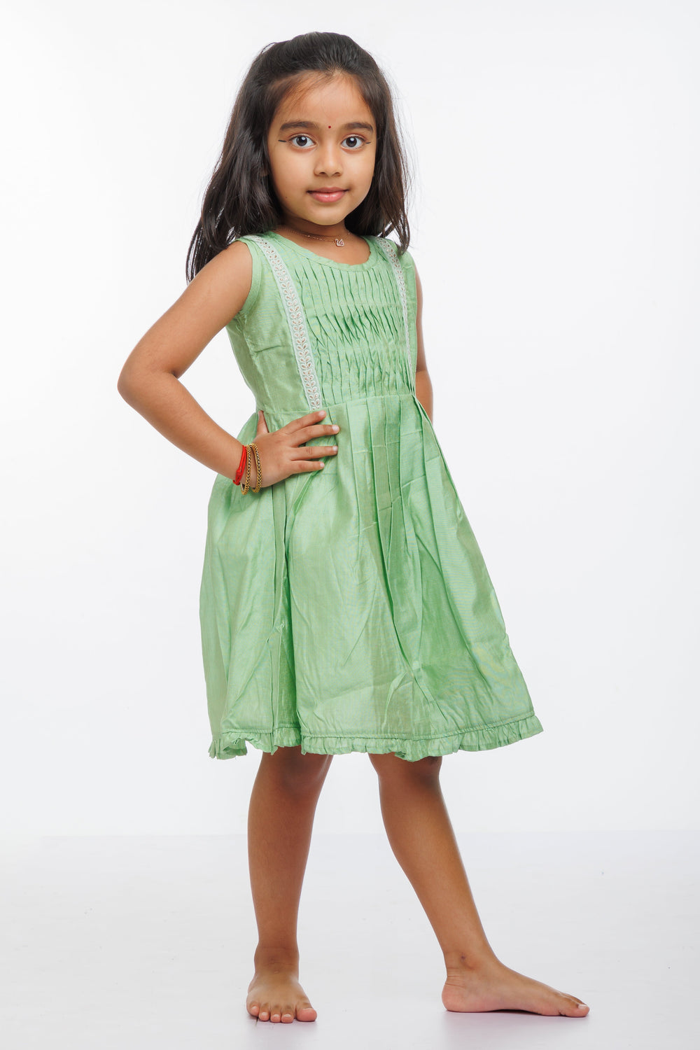 The Nesavu Girls Cotton Frock Girls Enchanted Garden Cotton Frock - Lush Green with Delicate Lace Nesavu Lace Trimmed Green Cotton Dress for Girls | Summer Wardrobe Essential | The Nesavu