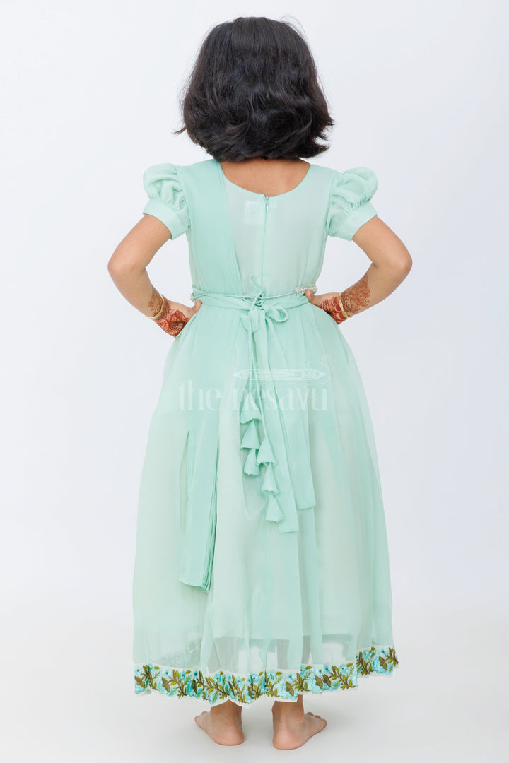 The Nesavu Girls Casual Gown Girls Evening Party Gown in Georgette with Puff Sleeves and Embroidered Border Nesavu Nesavu Girls Evening Party Gown Georgette Puff Sleeves Embroidered Hem