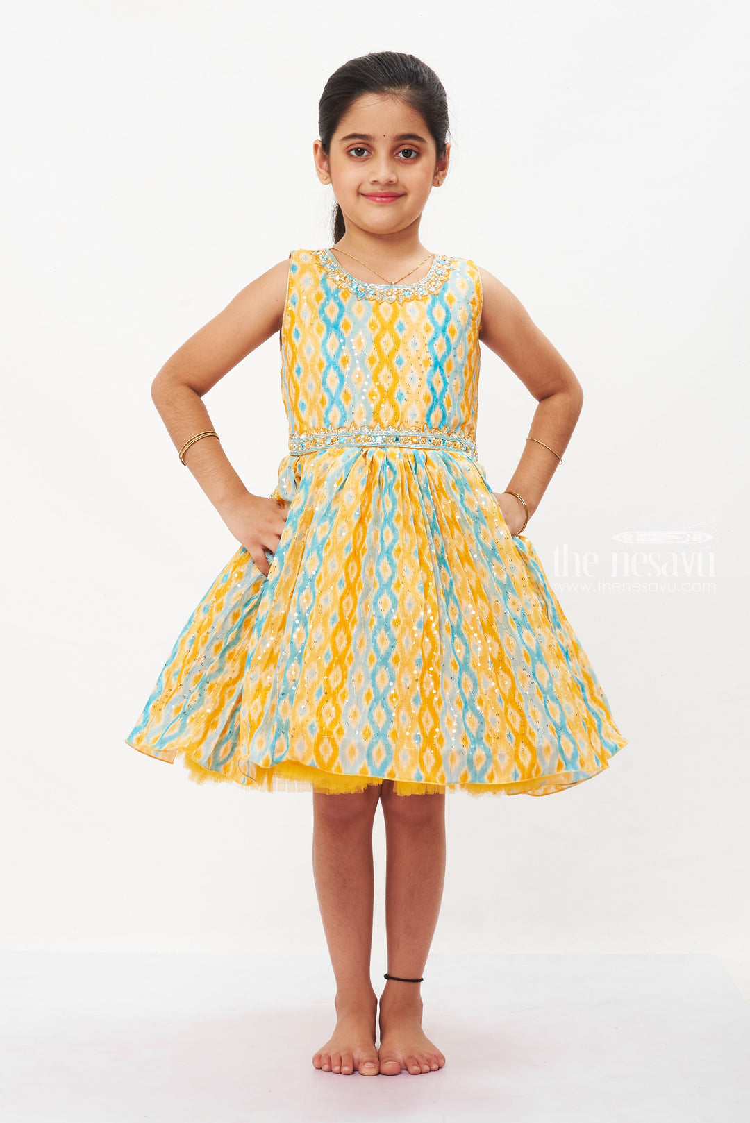 The Nesavu Silk Party Frock Girls Exclusive Handmade Ikat-Inspired Pattu Silk Frock Nesavu 18 (2Y) / Blue / Chinnon SF748B-18 Buy Trendy Handmade Pattu Silk Frocks | Girls Boutique Party Wear Online | The Nesavu