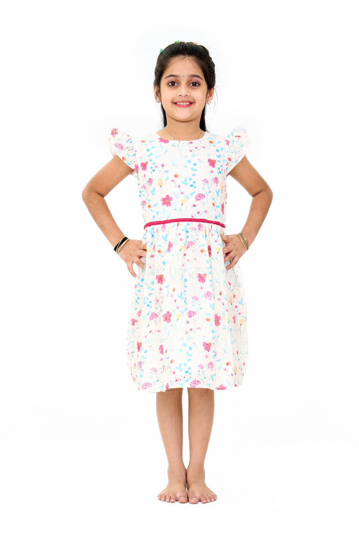 The Nesavu Girls Cotton Frock Girls Fancy Mini Dress with Floral Embroidery, Ruffled Sleeves, and Red Waistband Nesavu 20 (3Y) / White GFC1558B-20 Girls Fancy Mini Dress Floral Embroidery Ruffled Sleeves Red Waistband | The Nesavu