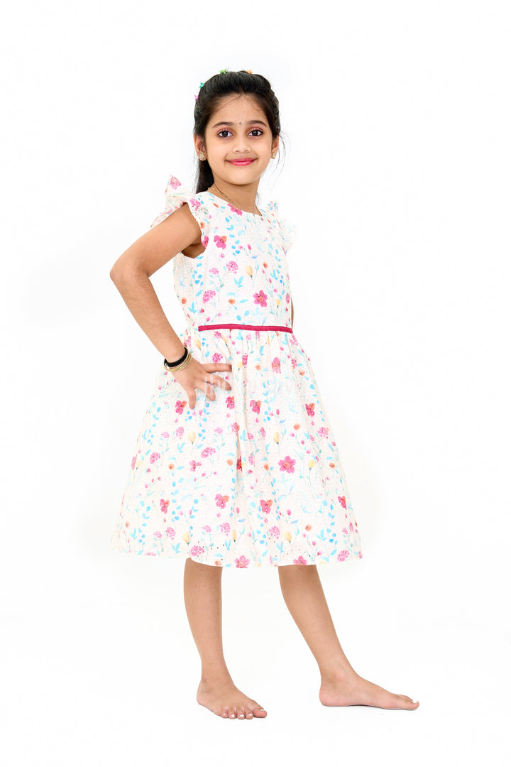 The Nesavu Girls Cotton Frock Girls Fancy Mini Dress with Floral Embroidery, Ruffled Sleeves, and Red Waistband Nesavu Girls Fancy Mini Dress Floral Embroidery Ruffled Sleeves Red Waistband | The Nesavu