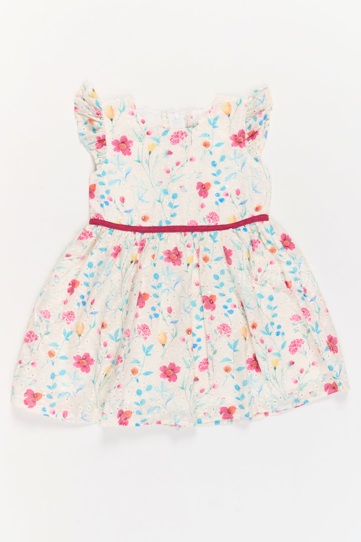 The Nesavu Girls Cotton Frock Girls Fancy Mini Dress with Floral Embroidery, Ruffled Sleeves, and Red Waistband Nesavu Nesavu Girls Fancy Mini Dress Floral Embroidery Ruffled Sleeves Red Waistband