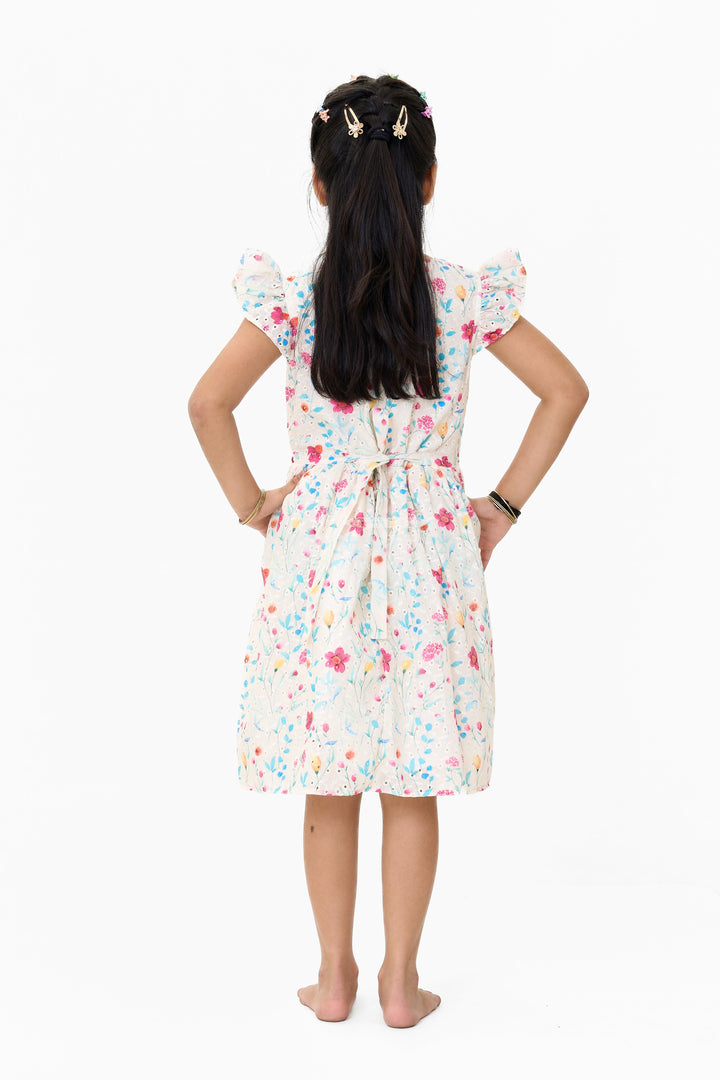 The Nesavu Girls Cotton Frock Girls Fancy Mini Dress with Floral Embroidery, Ruffled Sleeves, and Red Waistband Nesavu Nesavu Girls Fancy Mini Dress Floral Embroidery Ruffled Sleeves Red Waistband