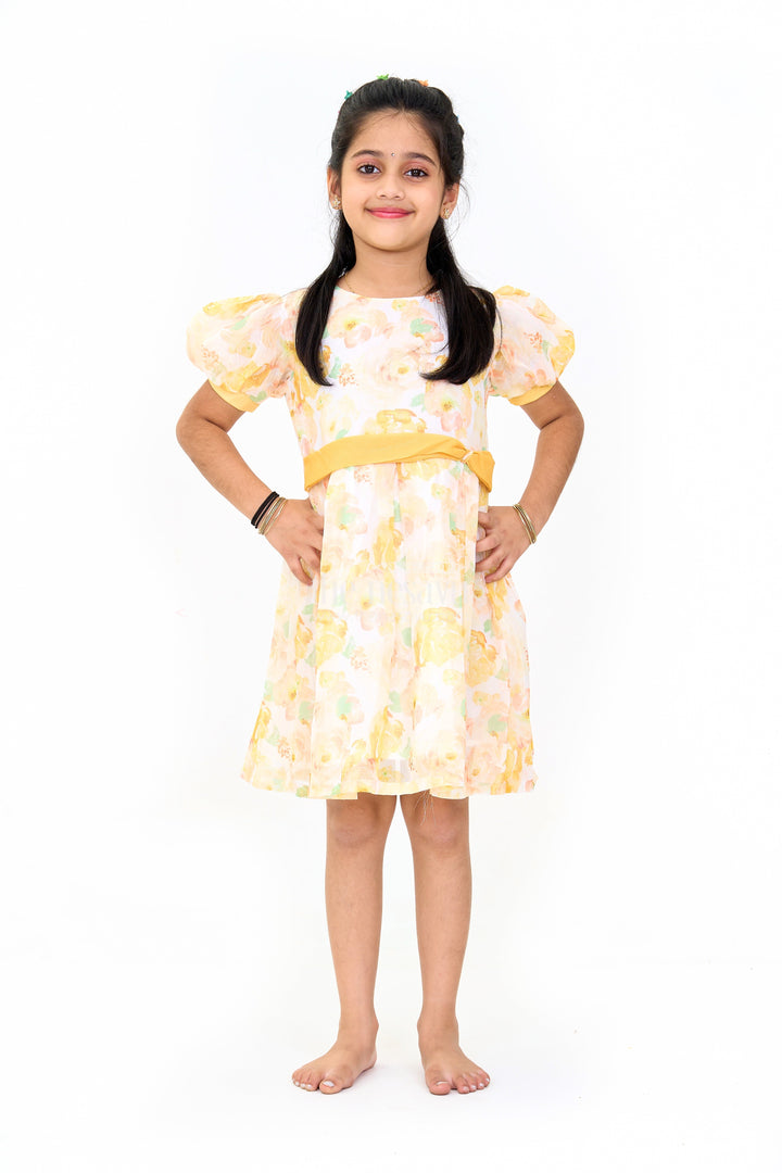 The Nesavu Girls Cotton Frock Girls Fancy Party Dress with Yellow Floral Georgette Design and Puff Sleeves Nesavu 20 (3Y) / Yellow GFC1564B-20 Girls Fancy Party Dress Yellow Floral Georgette Design Puff Sleeves Bow | The Nesavu