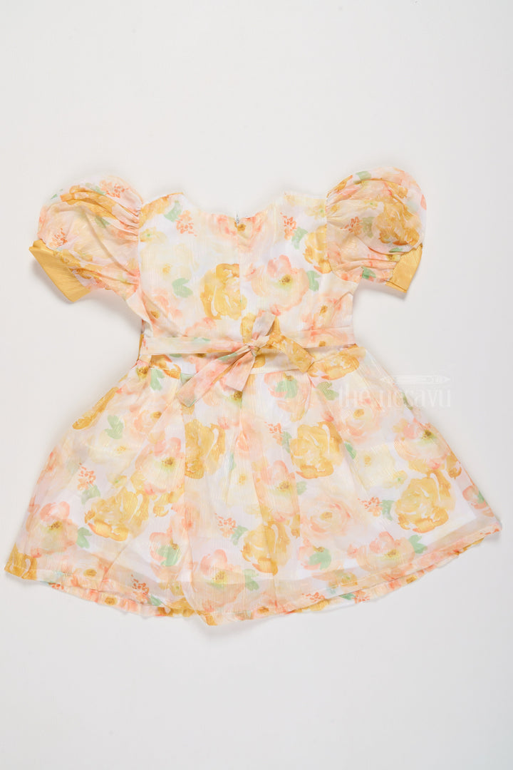 The Nesavu Girls Cotton Frock Girls Fancy Party Dress with Yellow Floral Georgette Design and Puff Sleeves Nesavu Girls Fancy Party Dress Yellow Floral Georgette Design Puff Sleeves Bow | The Nesavu