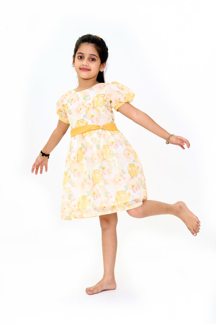 The Nesavu Girls Cotton Frock Girls Fancy Party Dress with Yellow Floral Georgette Design and Puff Sleeves Nesavu Nesavu Girls Fancy Party Dress Yellow Floral Georgette Design Puff Sleeves Bow