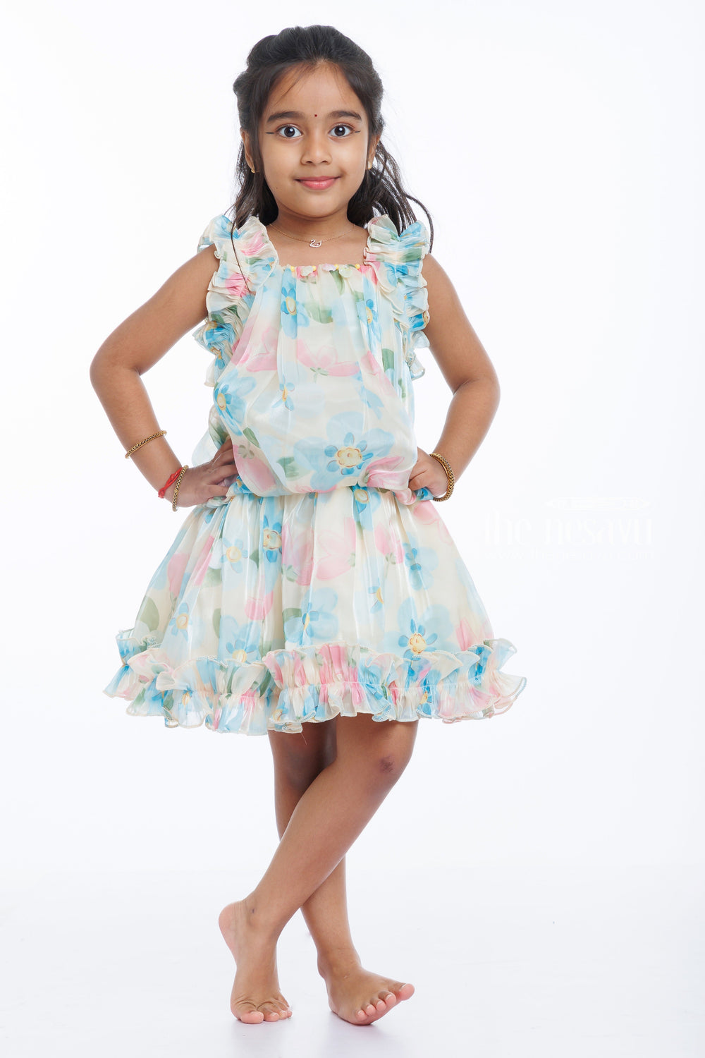 The Nesavu Baby Casual Sets Girls Floral Ruffle Top and Skirt Set in Pastel Tones Nesavu Charming Girls Pastel Floral Ruffle Top and Skirt Set | Playful and Pretty | The Nesavu