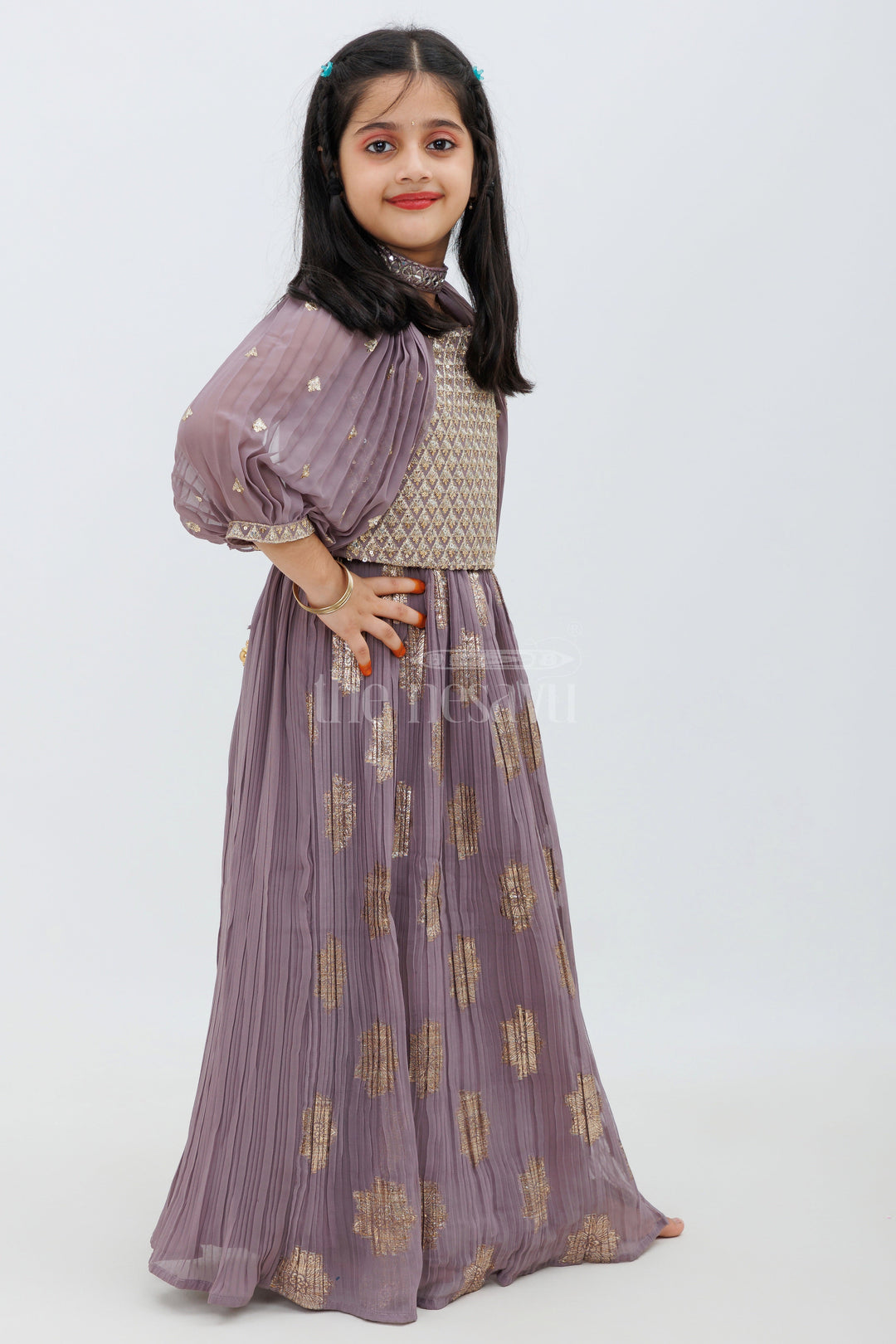 The Nesavu Girls Lehenga Choli Girls Green Floral Modal Silk Sharara Set with Mirror Work Nesavu 16 (1Y) / Gray GL467A-16 Vibrant Green Floral Modal Silk Sharara Set for Girls with Mirror Work