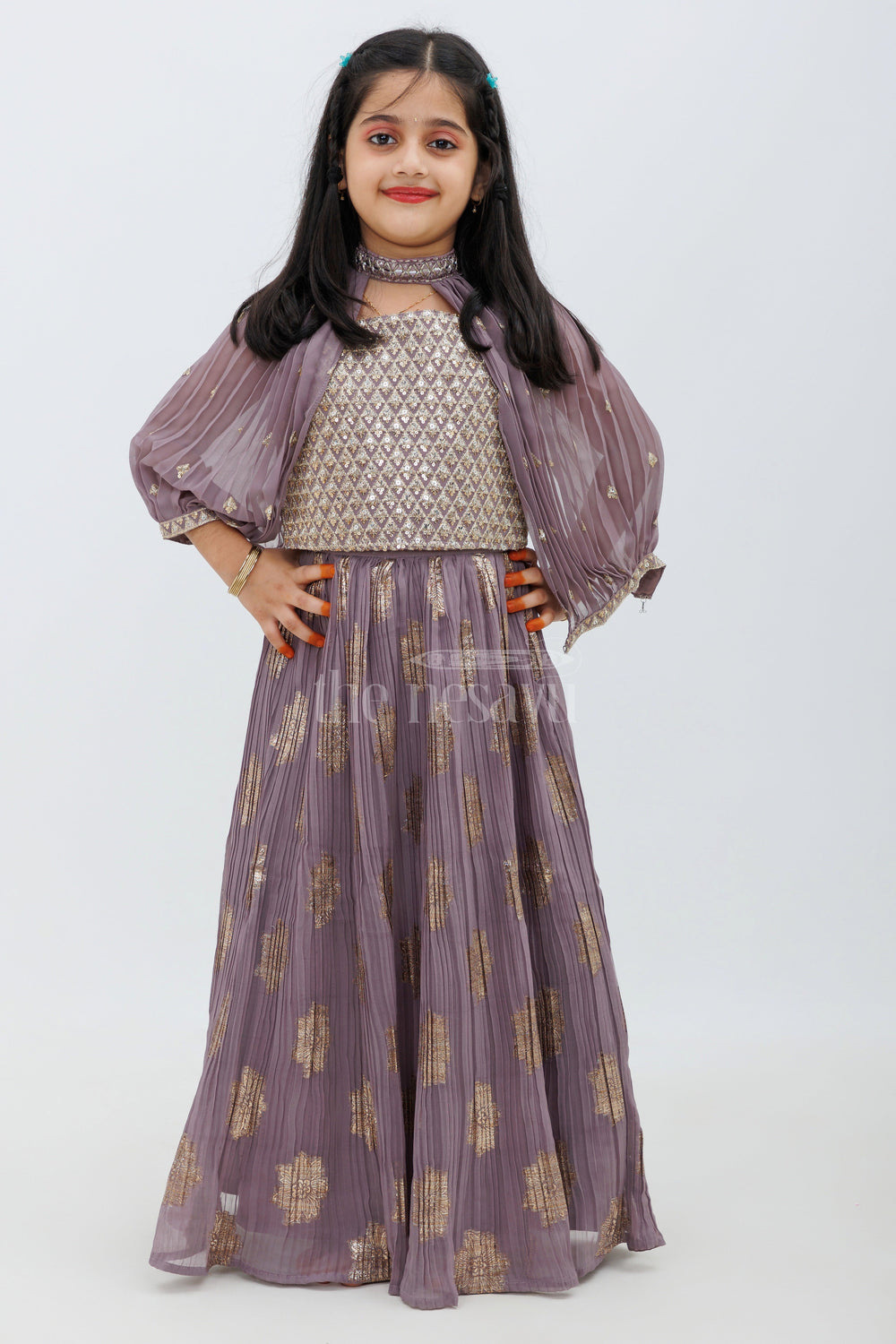 The Nesavu Girls Lehenga Choli Girls Green Floral Modal Silk Sharara Set with Mirror Work Nesavu Vibrant Green Floral Modal Silk Sharara Set for Girls with Mirror Work