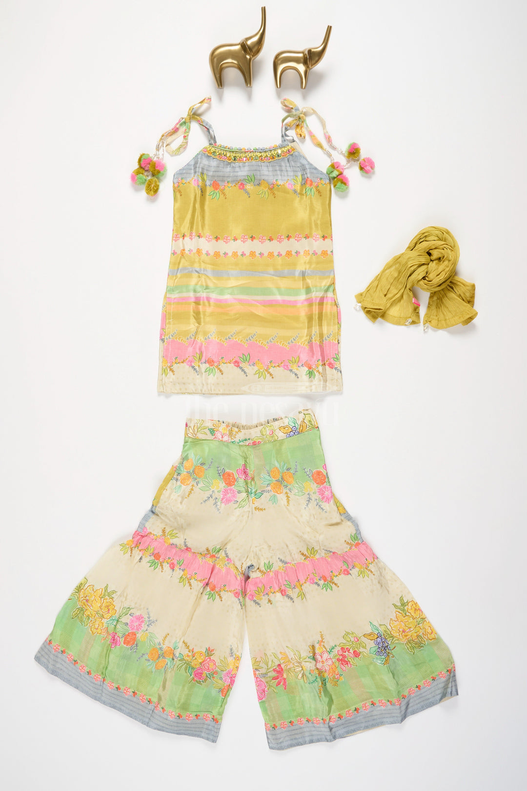 The Nesavu Girls Sharara / Plazo Set Girls Green Striped Sharara Set with Floral Embroidery and Ruffled Pants Nesavu 16 (1Y) / multicolor GPS426A-16 Nesavu Girls Green Striped Sharara Set Floral Embroidery Ruffled Pants Casual Outings