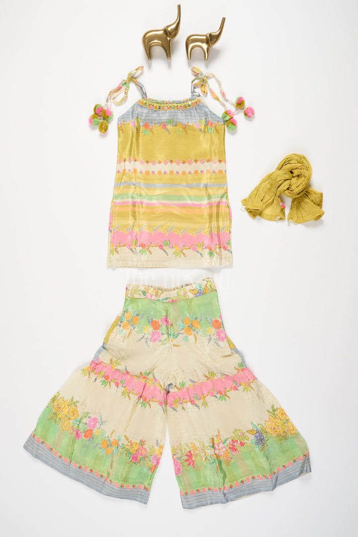 The Nesavu Girls Sharara / Plazo Set Girls Green Striped Sharara Set with Floral Embroidery and Ruffled Pants Nesavu 16 (1Y) / multicolor GPS426A-16 Nesavu Girls Green Striped Sharara Set Floral Embroidery Ruffled Pants Casual Outings