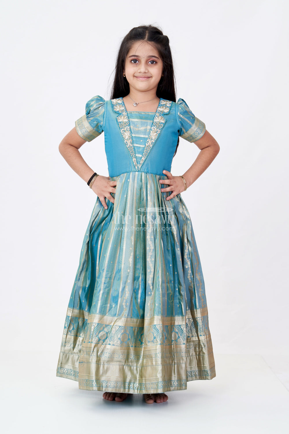 The Nesavu Girls Silk Gown Girls Lavender Anarkali Gown in Banarasi Kora Tissue Silk with Gold Zari Border and Puff Sleeves Nesavu Nesavu Girls Lavender Anarkali Gown Banarasi Kora Silk Golden Zari Puff Sleeves
