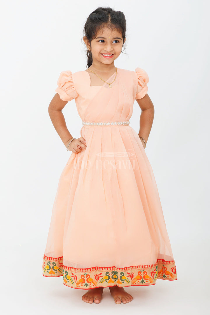 The Nesavu Girls Casual Gown Girls Long Party Gown in Georgette with Puff Sleeves and Embroidered Border Nesavu 18 (2Y) / Peach GA273A-18 Girls Long Party Gown Georgette Puff Sleeves Embroidered Hem | The Nesavu