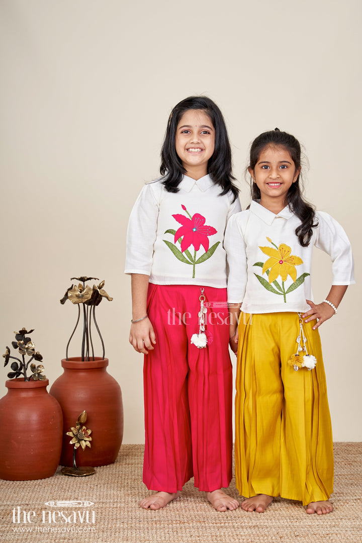 The Nesavu Girls Sharara / Plazo Set Girls magenta floral embroidery cotton top and palazzo set Nesavu Nesavu girls magenta floral embroidered cotton top with palazzo pants festive ethnic wear