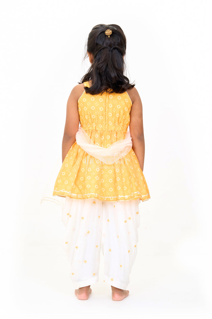 The Nesavu Girls Dothi Sets Girls Mustard Chinon Silk Peplum Set with White Dhoti Pants and Sleeveless Top for Festive Occasions Nesavu Nesavu Girls Mustard Peplum Top White Dhoti Pants Set Embroidery Festive Occasions