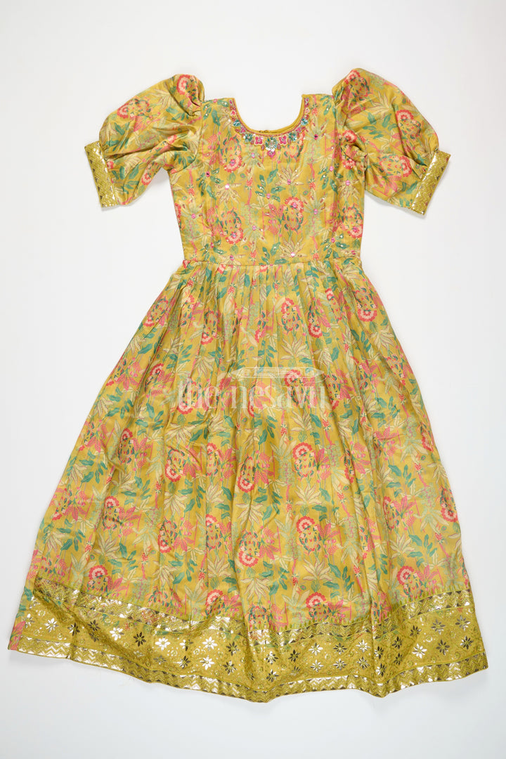 The Nesavu Girls Party Gown Girls Party Gown Shimmer Semi Silk Green Sankranthi Dress Nesavu Nesavu Girls Green Shimmer Semi Silk Party Gown Floral Prints Deepavali Dress
