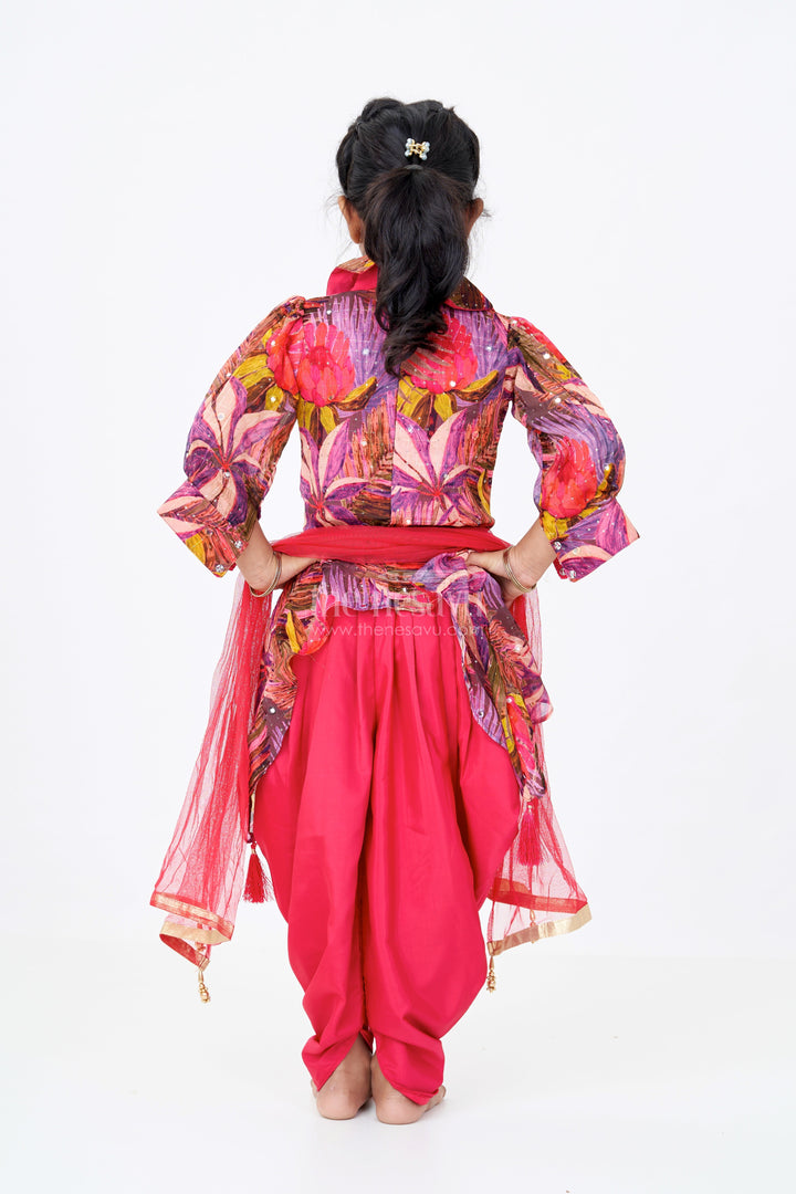 The Nesavu Girls Sharara / Plazo Set Girls Party Sharara Dress with Printed Jacket and Draped Pants in Red Nesavu Nesavu Girls Party Sharara Dress Printed Jacket Draped Pants Red