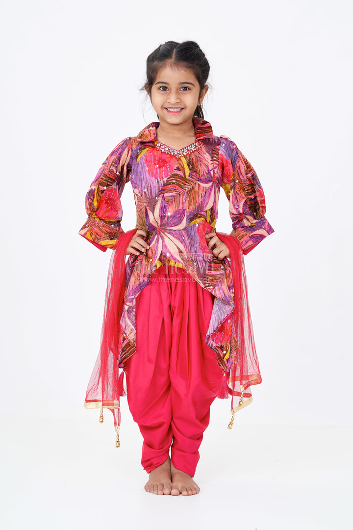 The Nesavu Girls Sharara / Plazo Set Girls Party Sharara Dress with Printed Jacket and Draped Pants in Red Nesavu Nesavu Girls Party Sharara Dress Printed Jacket Draped Pants Red