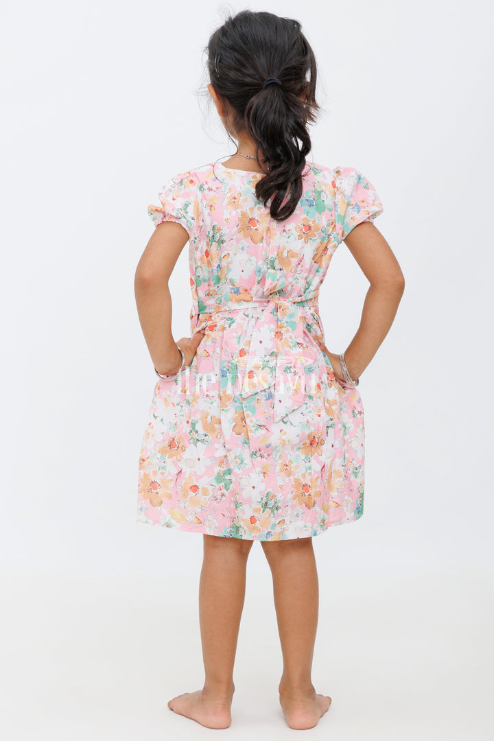 The Nesavu Girls Cotton Frock Girls Pink Floral Peter Pan Collar Dress with Puff Sleeves and Lace Bandparty Short Frock Nesavu Nesavu Girls Pink Floral Frock Peter Pan Collar Puff Sleeves - Short Party Dress