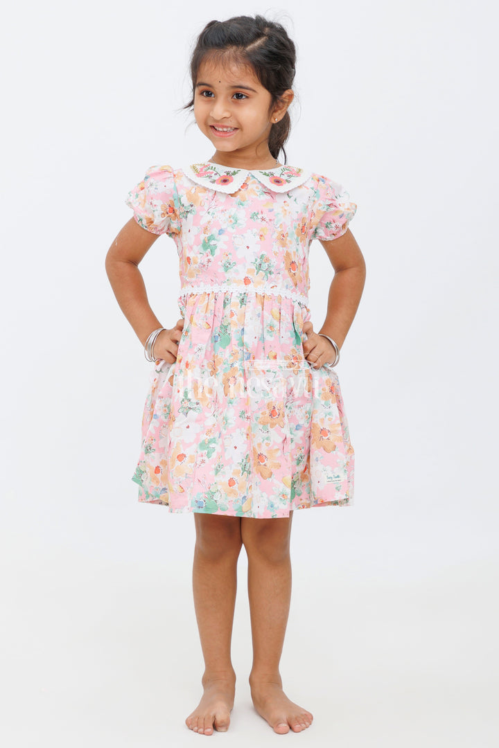 The Nesavu Girls Cotton Frock Girls Pink Floral Peter Pan Collar Dress with Puff Sleeves and Lace Bandparty Short Frock Nesavu Nesavu Girls Pink Floral Frock Peter Pan Collar Puff Sleeves - Short Party Dress