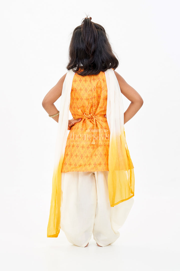 The Nesavu Girls Sharara / Plazo Set Girls Plazo and Top Set with Mirror Work Neckline and Ombre Dupatta in Yellow and Cream Nesavu Nesavu Girls Plazo Top Set Mirror Work Neckline Ombre Dupatta