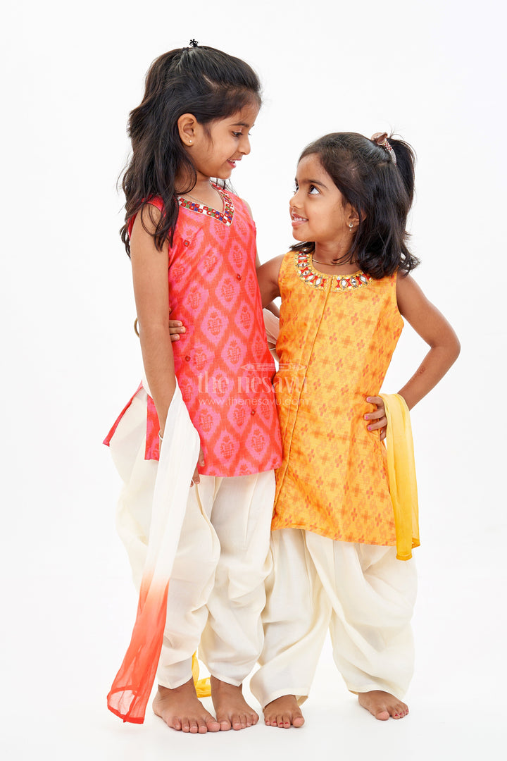 The Nesavu Girls Sharara / Plazo Set Girls Plazo and Top Set with Mirror Work Neckline and Ombre Dupatta in Yellow and Cream Nesavu Nesavu Girls Plazo Top Set Mirror Work Neckline Ombre Dupatta