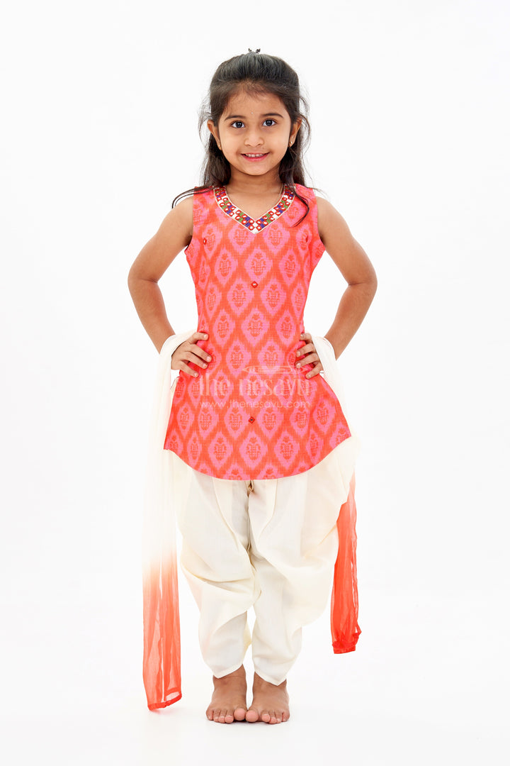 The Nesavu Girls Sharara / Plazo Set Girls Plazo Top Set with Red Ikat Print and Mirror Work Detailing Nesavu 16 (1Y) / Red GPS501A-16 Nesavu Girls Plazo Top Set Red Ikat Print Mirror Work Detailing