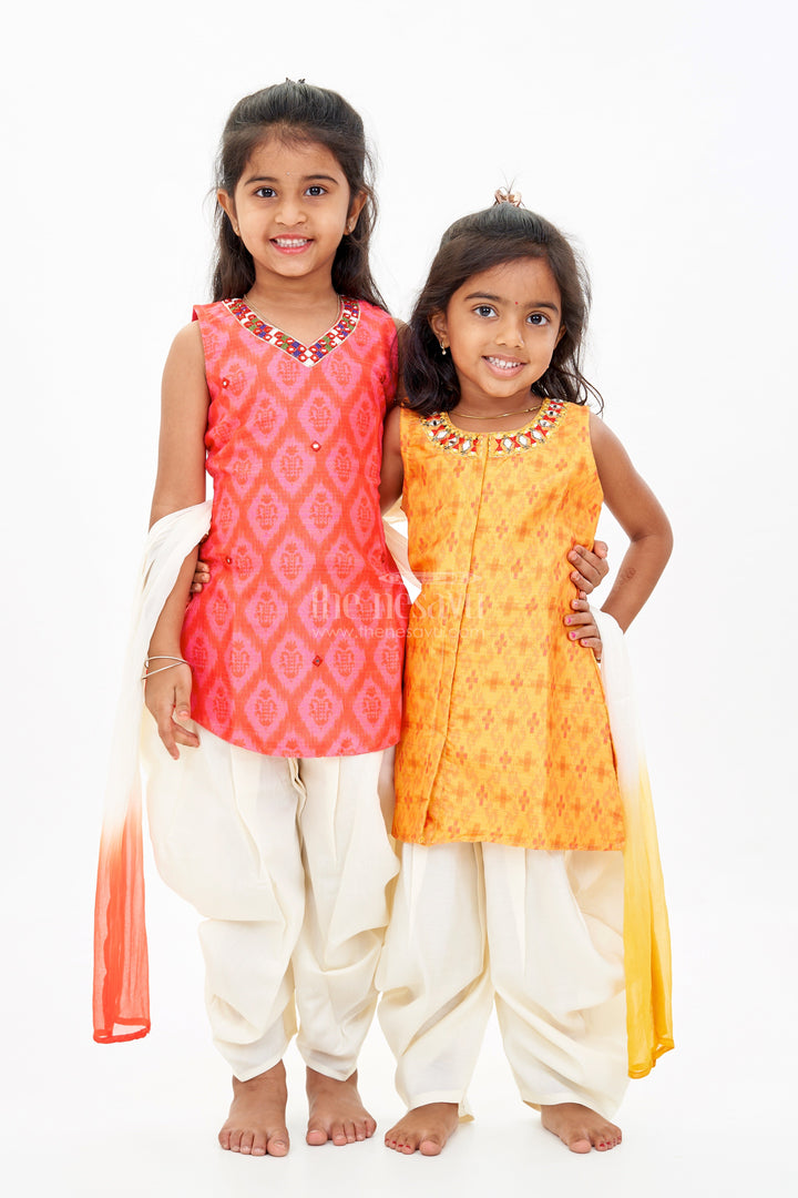 The Nesavu Girls Sharara / Plazo Set Girls Plazo Top Set with Red Ikat Print and Mirror Work Detailing Nesavu Nesavu Girls Plazo Top Set Red Ikat Print Mirror Work Detailing