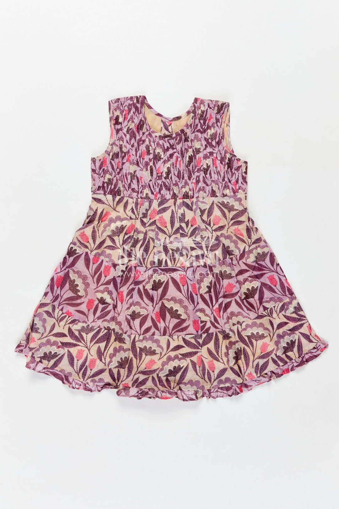 The Nesavu Girls Cotton Frock Girls Purple Printed Cotton Frock with Gathers and Layered Hem in unique different frock design Nesavu Nesavu Girls Purple Cotton Frock Kantha Inspired Print Playful Layering different frock design
