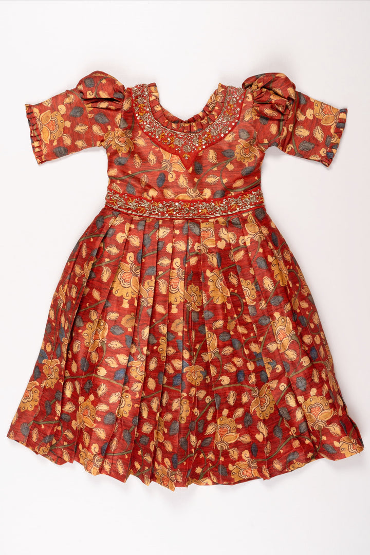 The Nesavu Girls Party Gown Girls Rustic Autumn Kalamkari Print Anarkali Dress with Embellished Accents Nesavu 16 (1Y) / Red / Blend Silk GA193A-16 Traditional Kalamkari Anarkali Dress for Festive Girls' Wear | The Nesavu