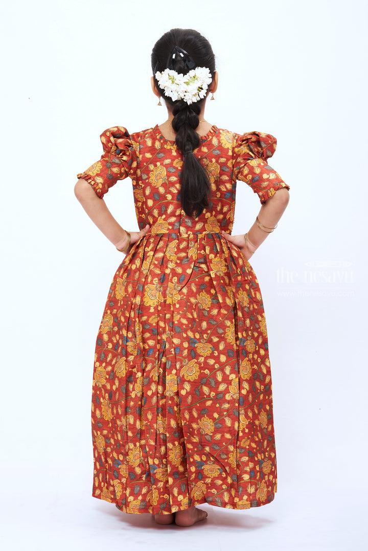 The Nesavu Girls Party Gown Girls Rustic Autumn Kalamkari Print Anarkali Dress with Embellished Accents Nesavu Traditional Kalamkari Anarkali Dress for Festive Girls' Wear | The Nesavu
