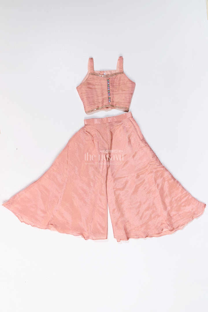 The Nesavu Girls Sharara / Plazo Set Girls Sharara Plazo Set with Embellished Jacket and Flowy Pants in Peach Nesavu Nesavu Girls Peach Sharara Plazo Set Embellished Jacket Flowy Pants