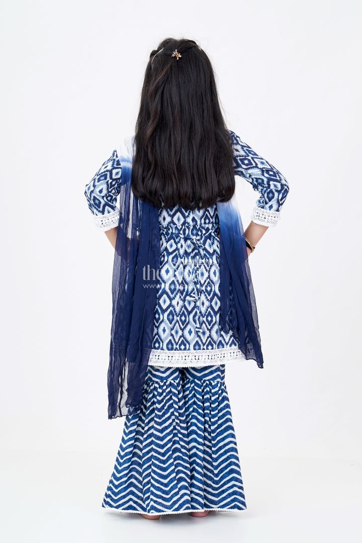 The Nesavu Girls Sharara / Plazo Set Girls Suit Plazo Set with Ikat Inspired Print and Pom-Pom Detailing in Blue and White Nesavu Girls Blue White Suit Plazo Set Ikat Inspired Print Pom-Pom Detailing | The Nesavu