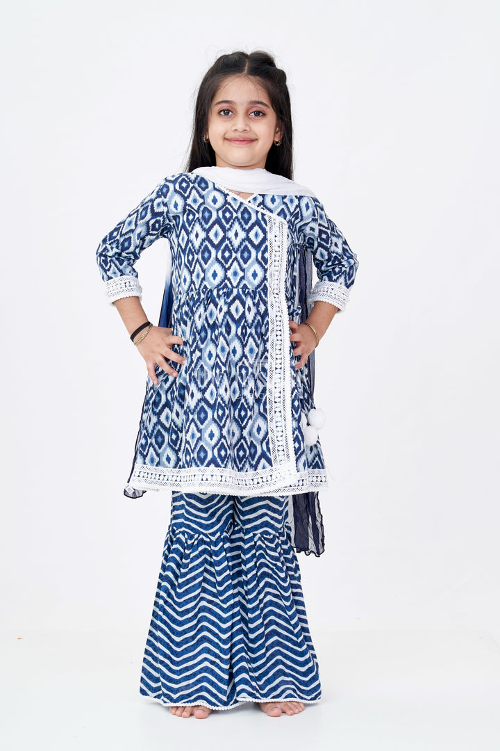 The Nesavu Girls Sharara / Plazo Set Girls Suit Plazo Set with Ikat Inspired Print and Pom-Pom Detailing in Blue and White Nesavu Girls Blue White Suit Plazo Set Ikat Inspired Print Pom-Pom Detailing | The Nesavu