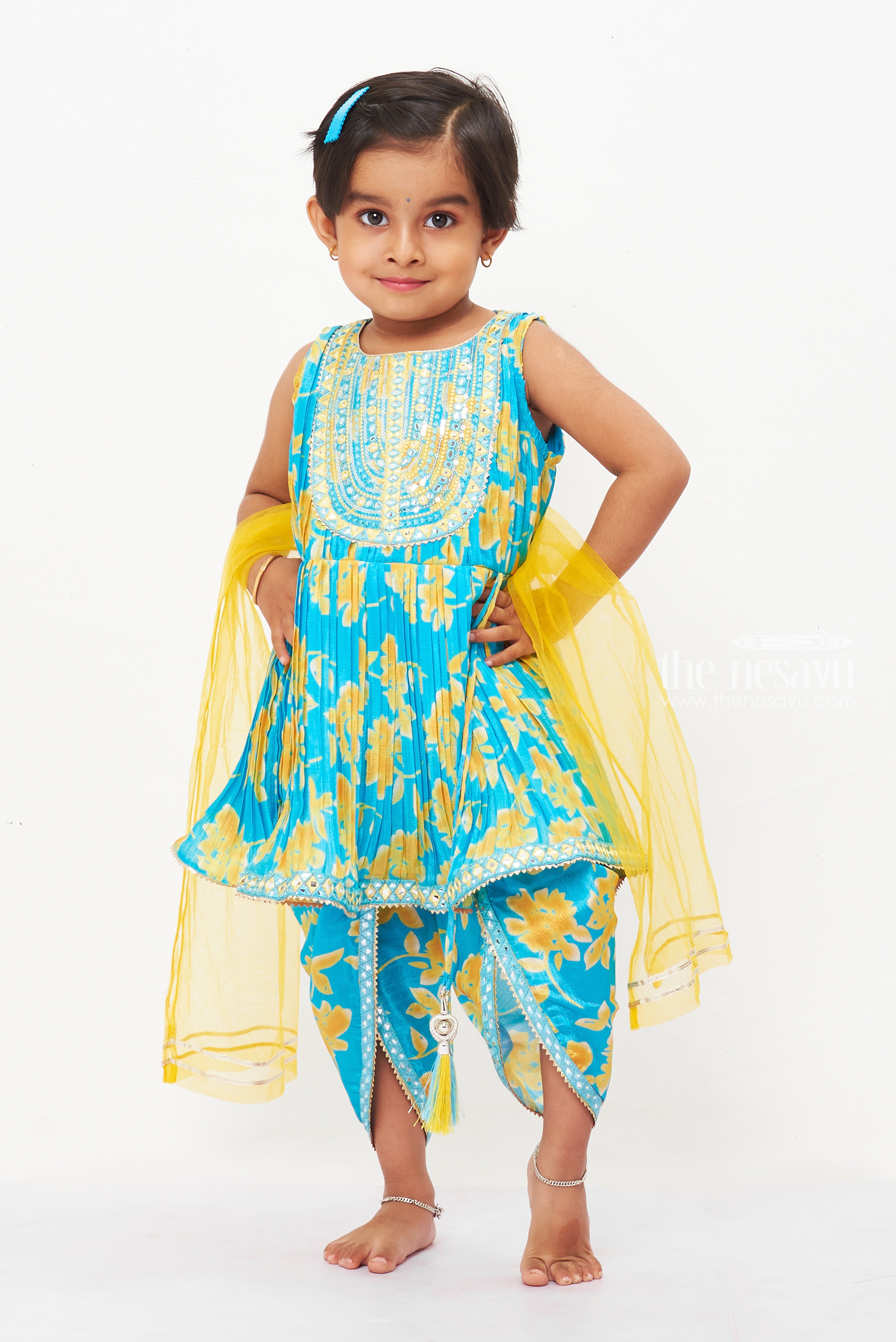 Girls Embroidered Attached Jacket With Cotton Kurti Dhoti Suits - Blue main image 0