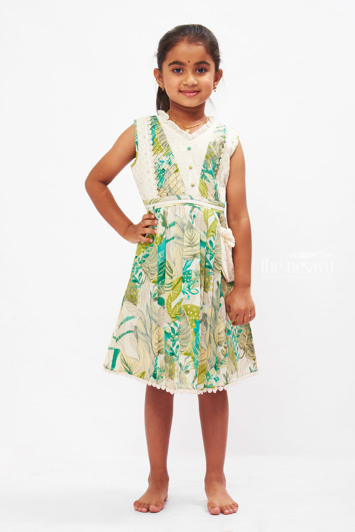 The Nesavu Girls Cotton Frock Girls Tropical Botanical Printed Cotton Frock - Chic Summer Wear Nesavu 22 (4Y) / Green / Cotton GFC1249A-22 Tropical Print Cotton Frock for Girls | Stylish Summer Dresses | The Nesavu