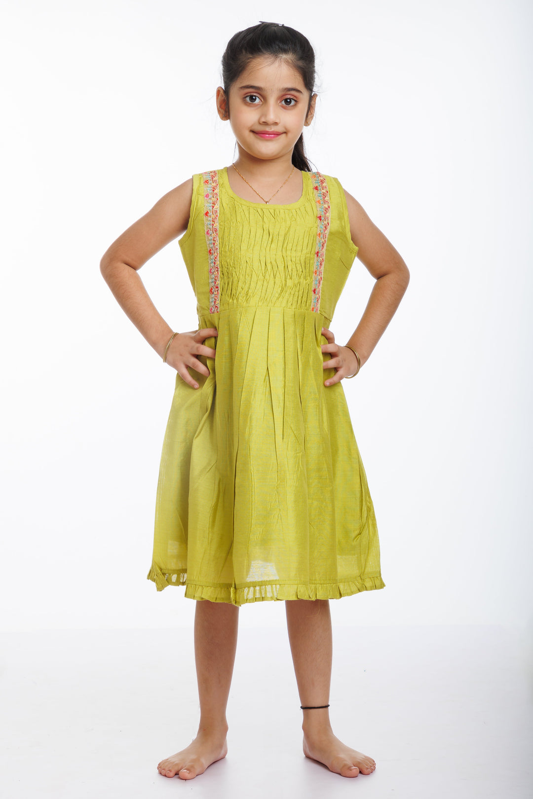 The Nesavu Girls Cotton Frock Girls Vibrant Green Cotton Frock with Floral Embroidery - Casual Elegance Redefined Nesavu 16 (1Y) / Green / Cotton GFC1262A-16 Green Embroidered Cotton Dress for Girls | Perfect for Summer Fun | The Nesavu